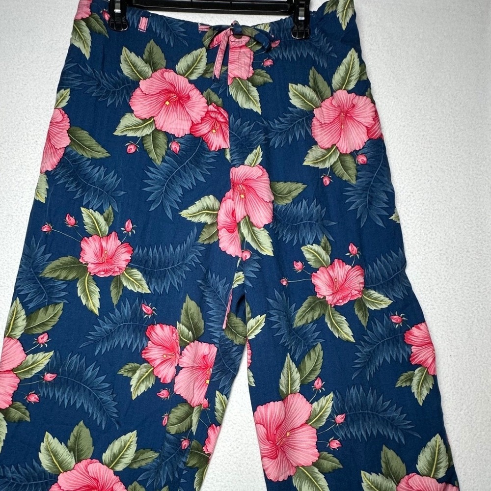 Caribbean Joe Blue Hibiscus Floral Wide Leg Crop Pants XL Rayon - Picture 5 of 6
